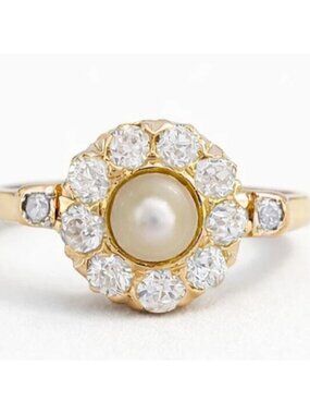 Genuine Pearl & Diamonds Ring Solid 14k Yellow Gold